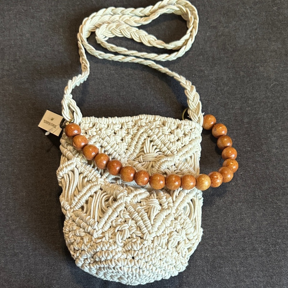Cost Plus World Market Cream Macramé Crossbody Bag with Wooden Beads